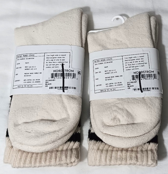 Lot of 2 American Trench Unisex Ivory Black Retro Mono Stripe Crew Socks O/S NEW
