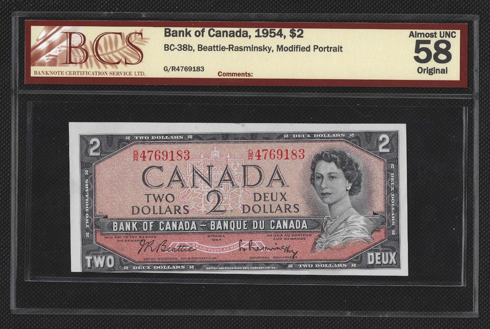 1954 Bank of Canada $2 Beattie/Rasminsky Non-Test G/R4769183 BCS CH.AU58 BC-38b