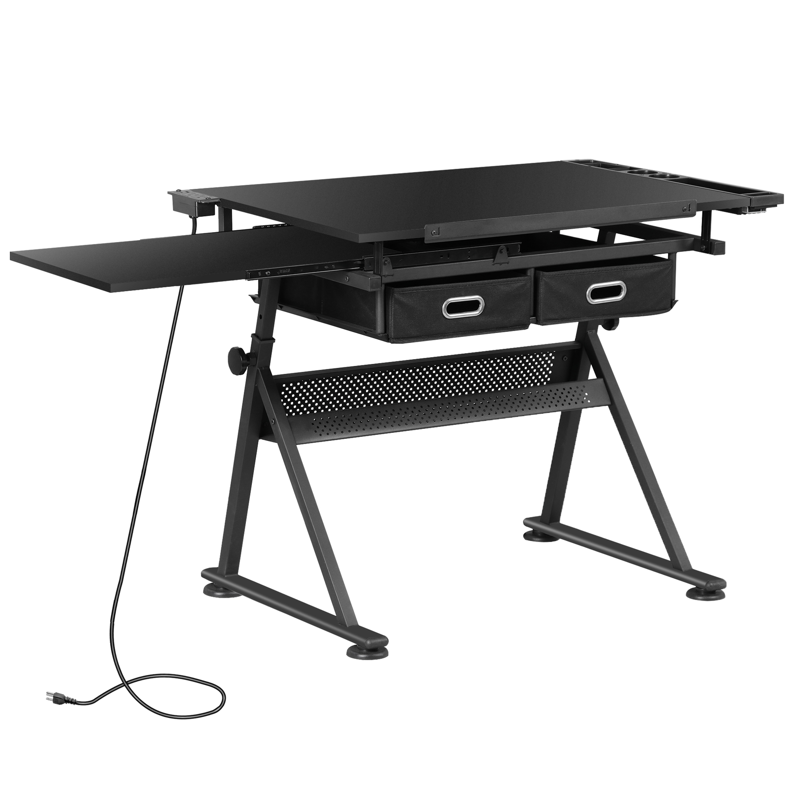 Adjustable Drafting Drawing Table Tabletop Tiltable w/ Stool & Outlet Black