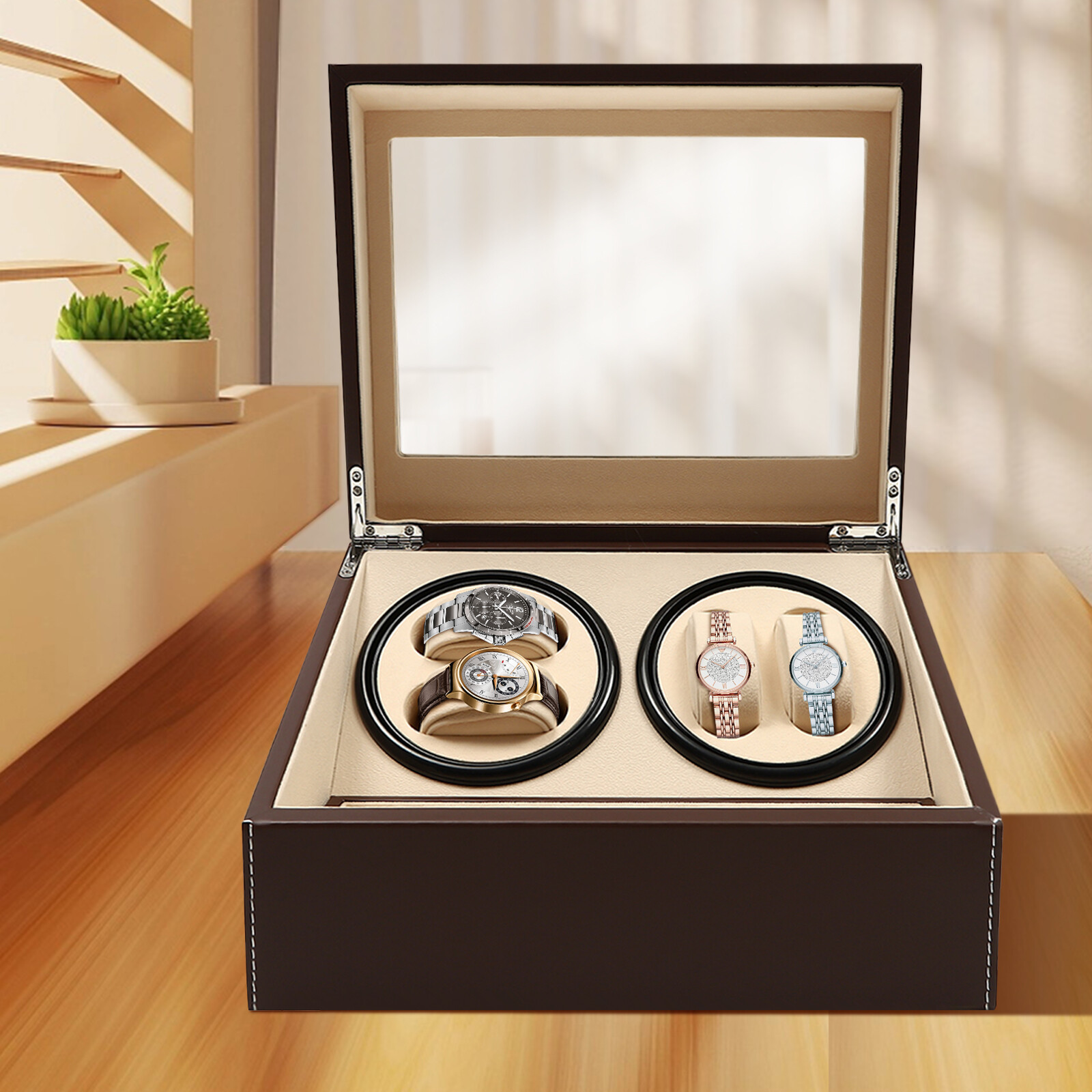 4+6 Automatic Rotation Leather Wood Watch Winder Storage Box Display Case