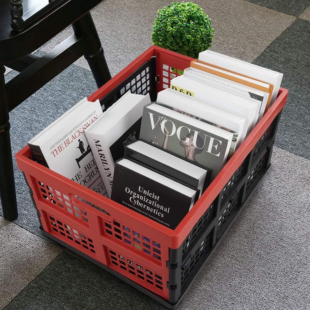 34 Quart Collapsible Storage Bins, Stackable Milk Crate, 3 Packs black, red