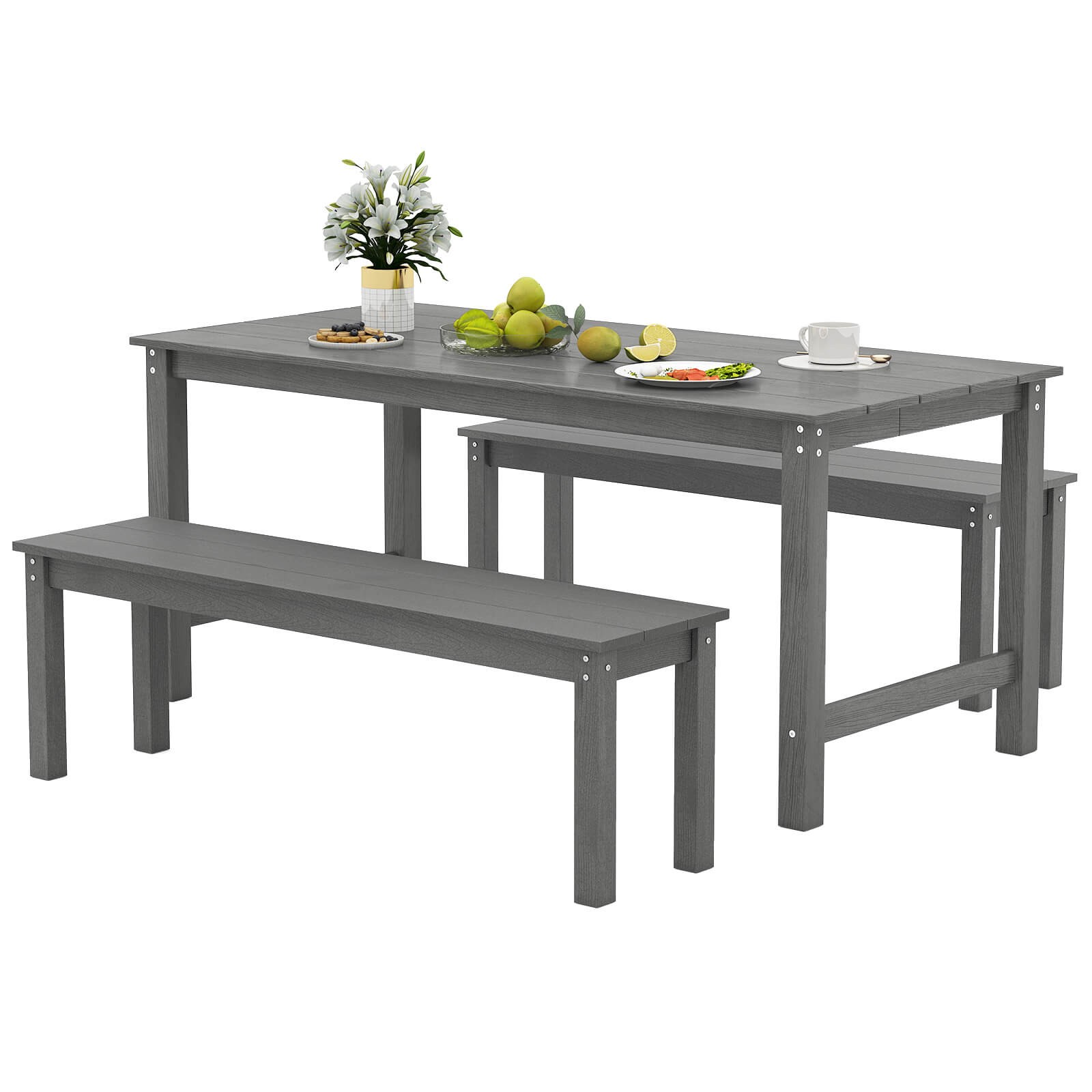 3PCS Dining Table Set with 2 BenchesPatio HDPE Weather Resistant Furniture Set