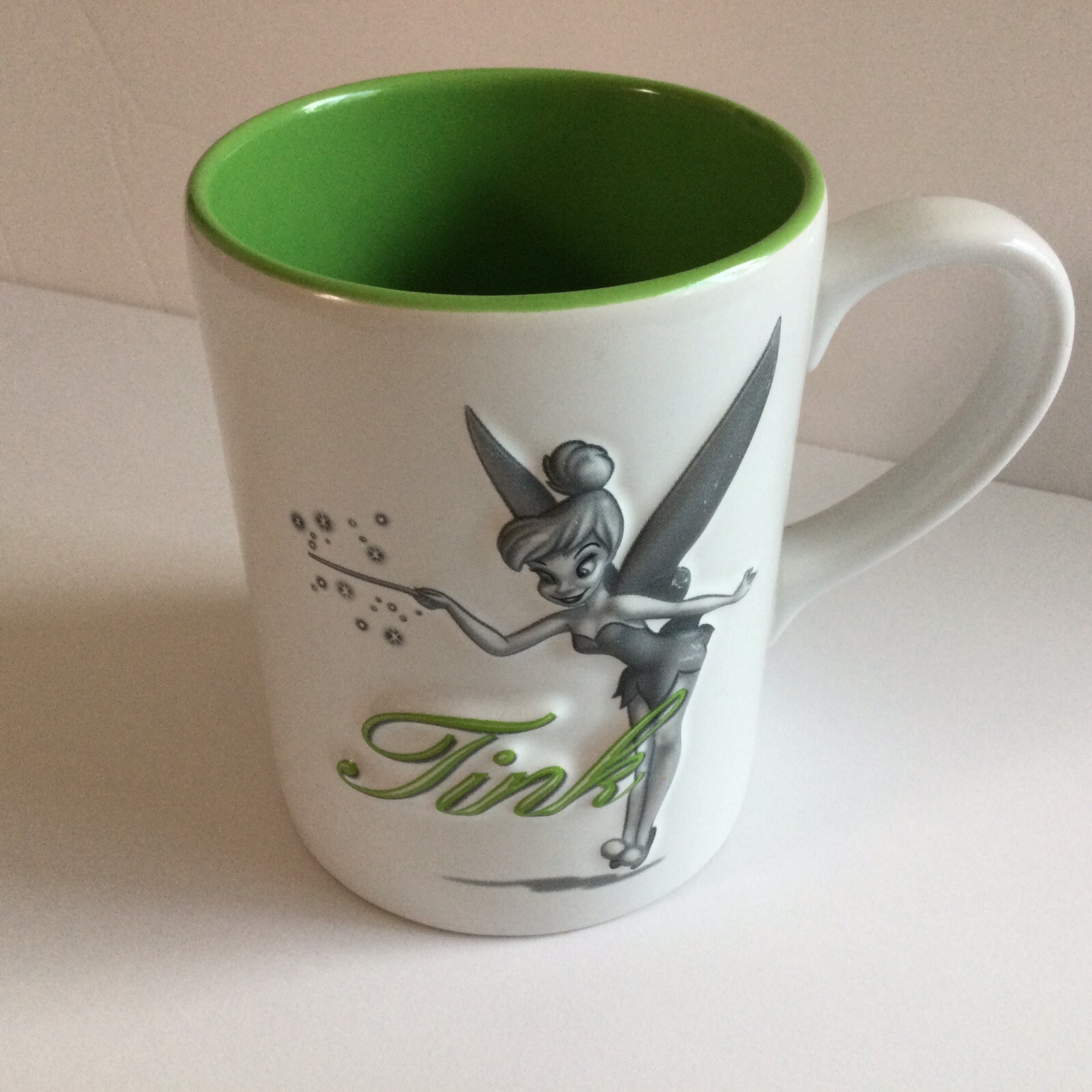 Disney Authentic “Tink” Tinkerbell Raised Design Large Mug White Green Ceramic