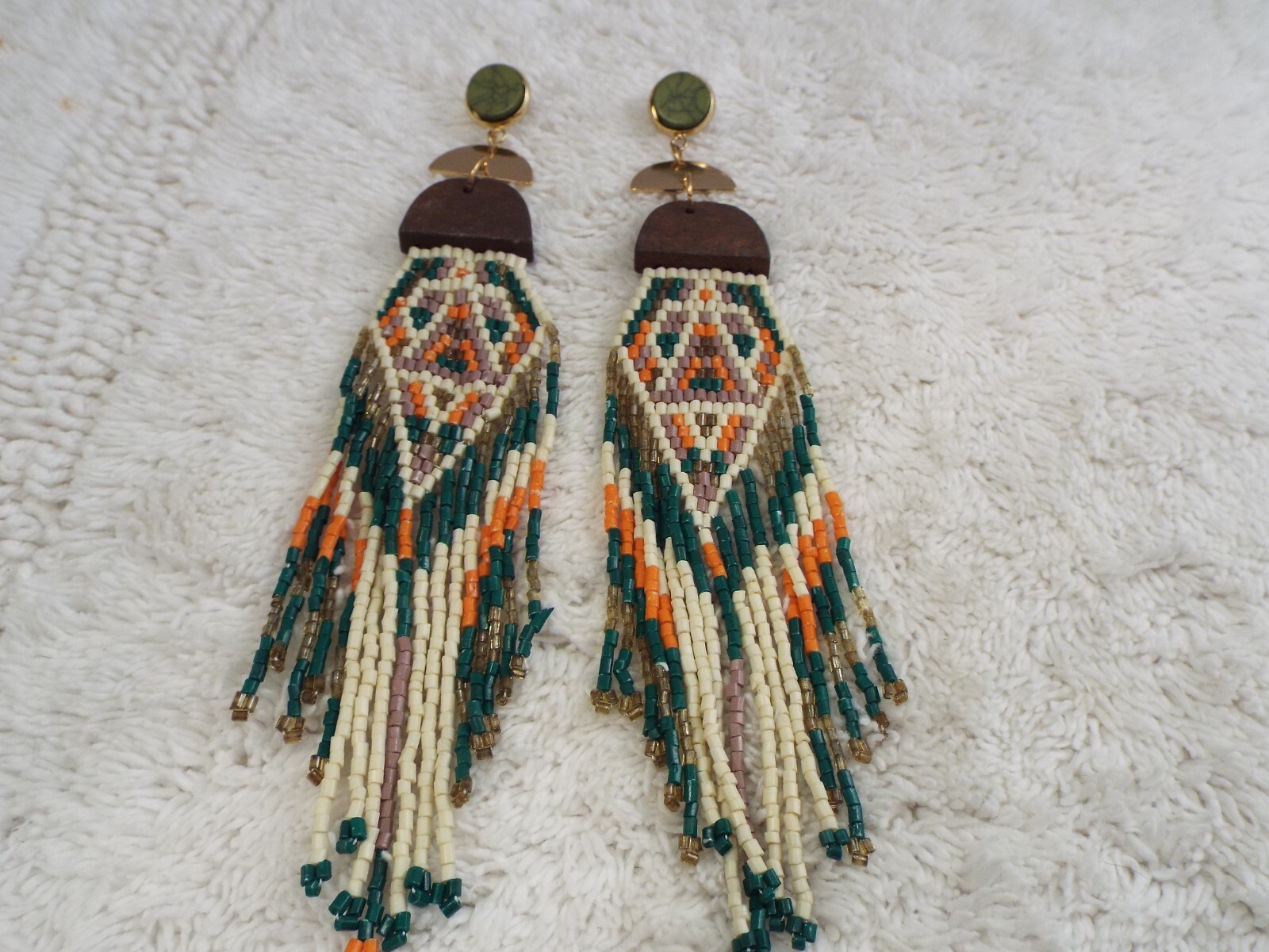 Southwestern Green Orange Cream Micro Bead Fringe Pierced Earrings (A59)