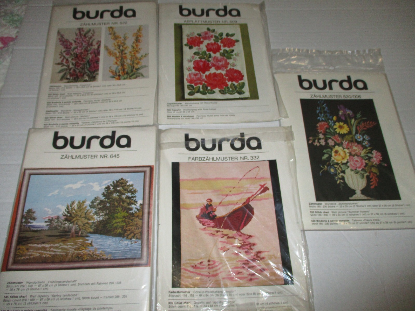 Lot of 5 Burda Needlepoint Paper Chart Patterns Flowers Landscape Fisherman NEW