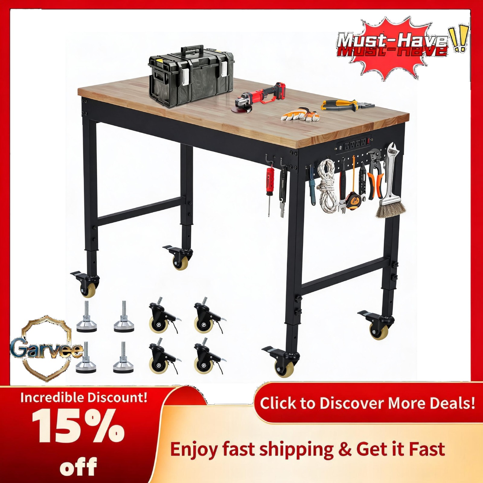2000 LBS Heavy Duty Workbench 72" Rubber Wood Pegboard Power Outlets Workshop