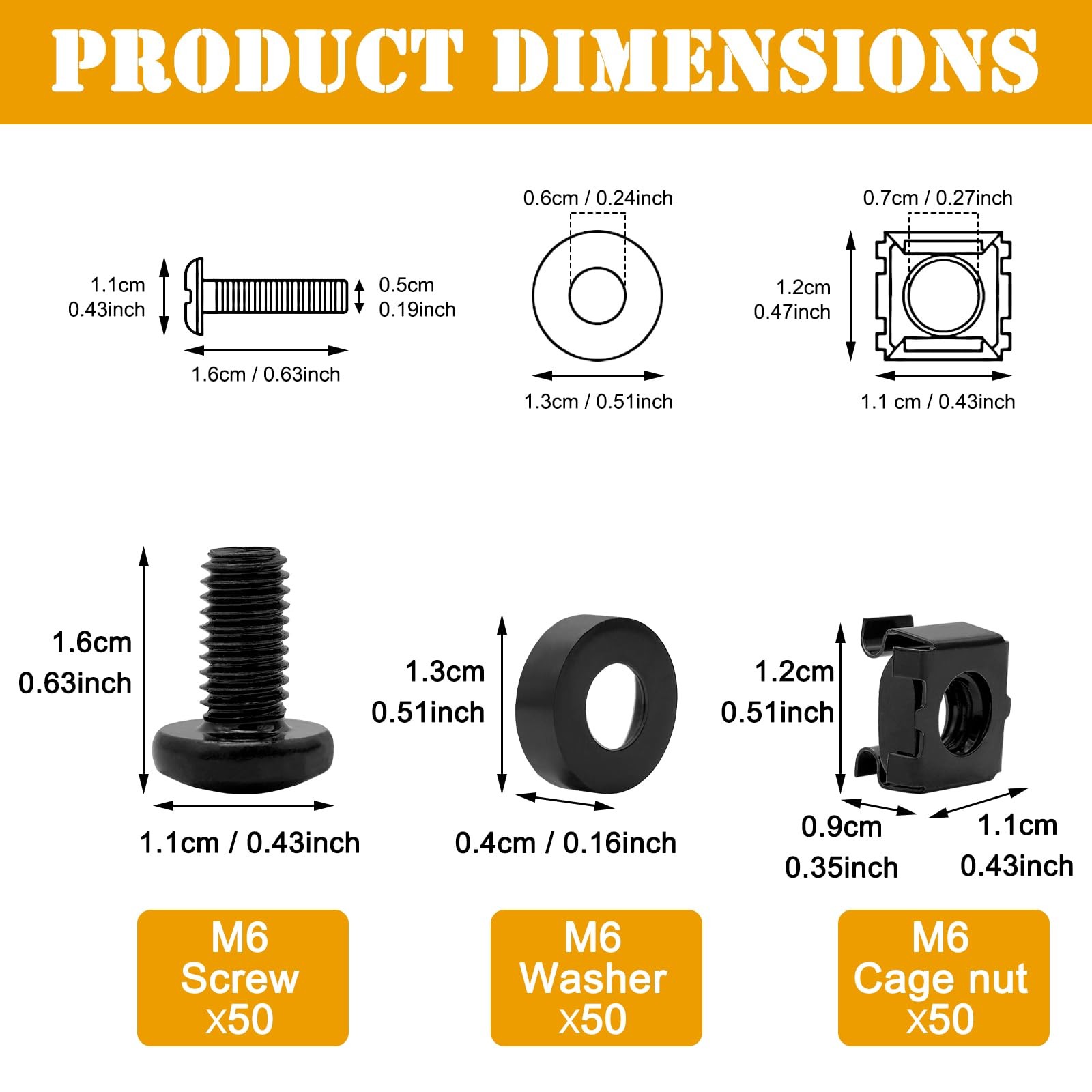 50 Pack M6 Rack Mount Cage Nuts, Screws and Washers Rack Screws Square Insert