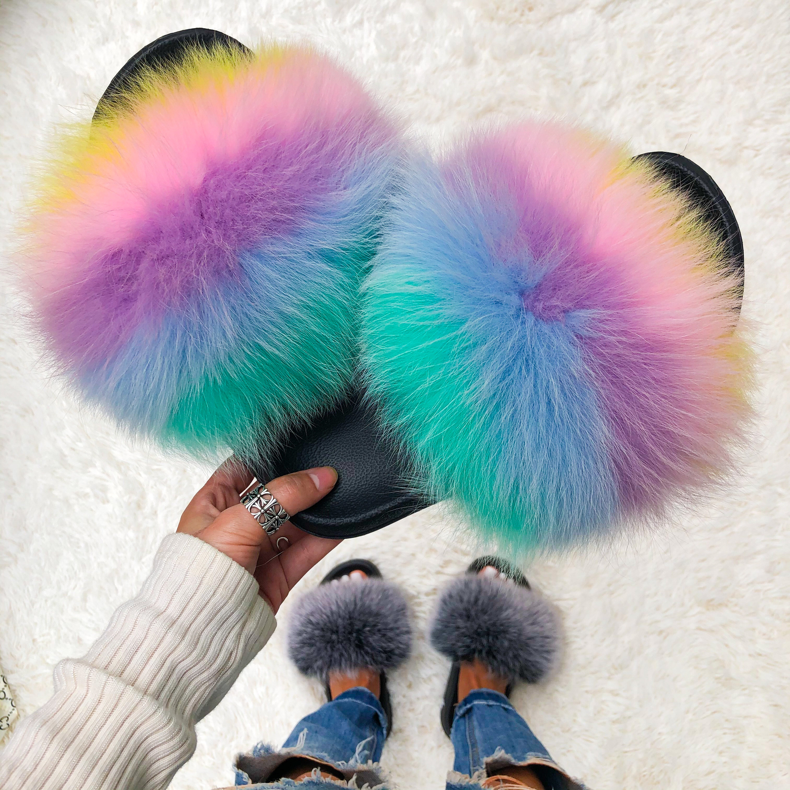 Real Farm Fox Fur Slides Furry Flat Sandals Female Cute Fluffy House Shoes New