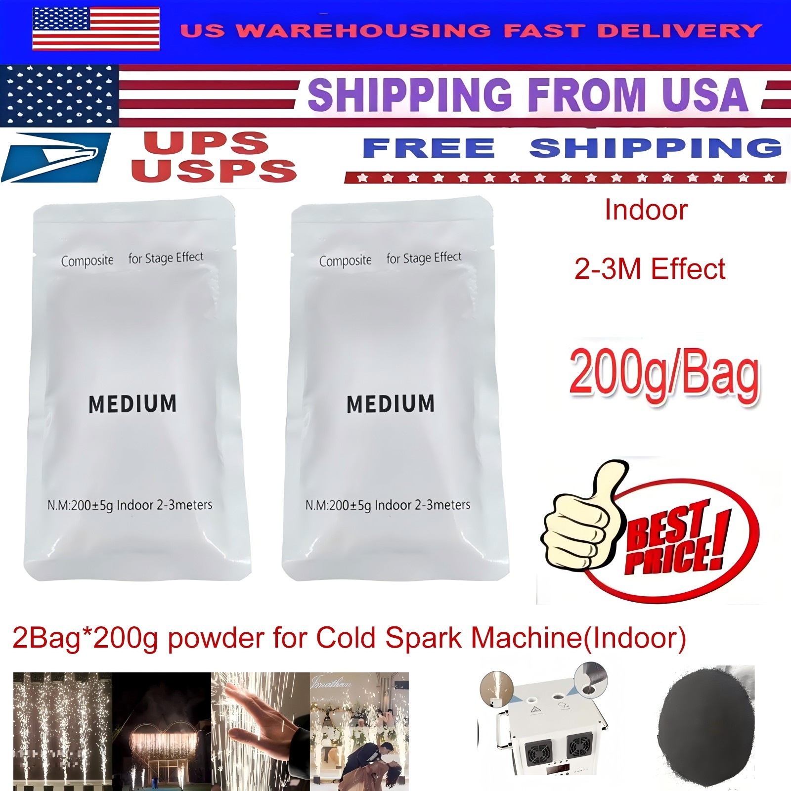 2/6/10 bags*200g Cold Sparks Machine Ti Powder,Indoor 2-3M,for Stage(200g/Bag)