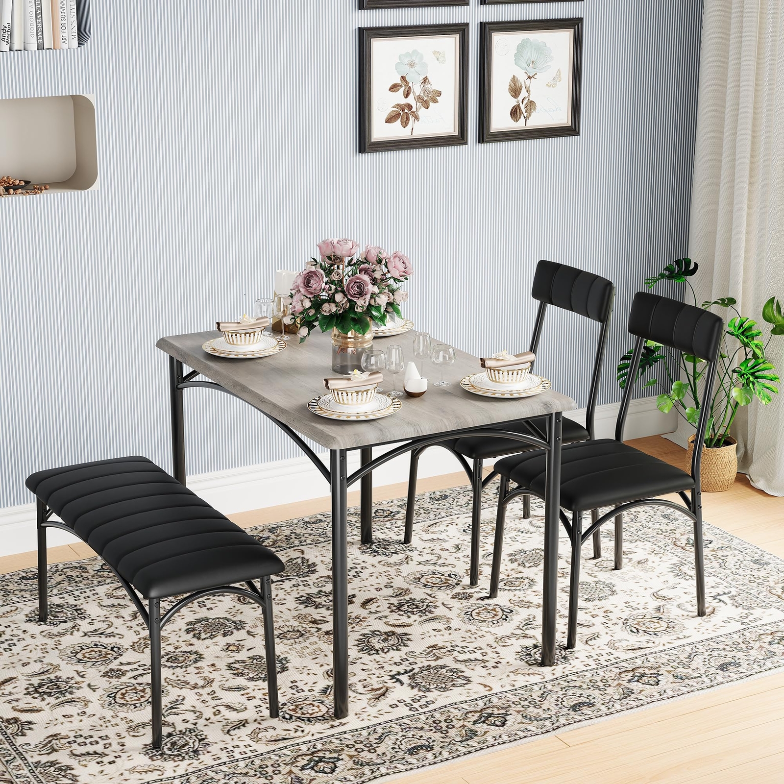 Dining Table Set, Kitchen Table With Upholstered Bench and Chairs for Apartment