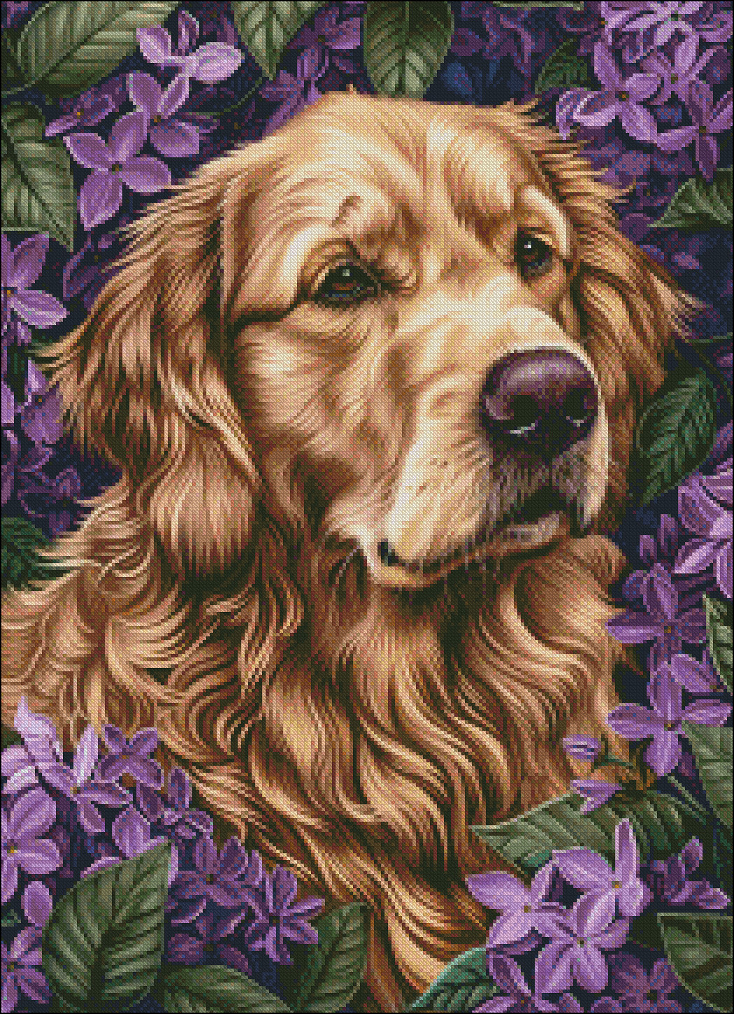 Golden Retriever and Lilacs Chart Counted Cross Stitch Patterns Needlework DMC