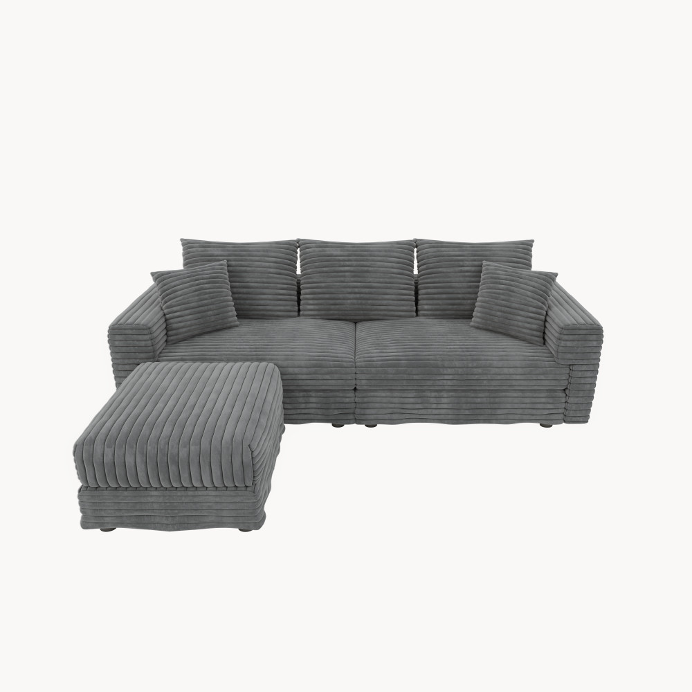 Modern Corduroy 3-Seat Cloud Sofa w/ Ottoman, Deep Seat Chair Grey