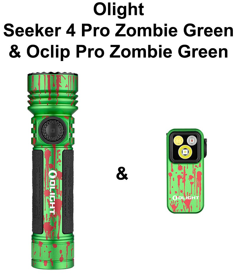 Olight Seeker 4 Pro Zombie Green CW Flashlight & Oclip Pro Zombie Green Clip On