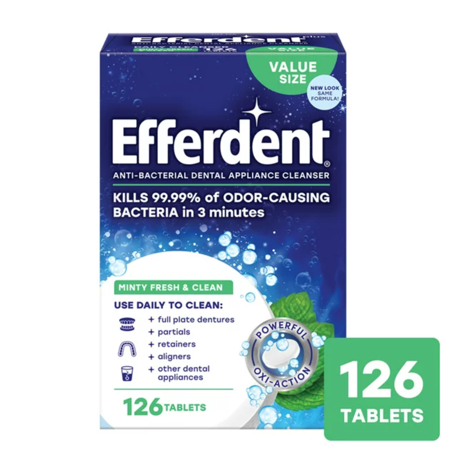 Efferdent Retainer & Denture Cleaner Tablets Minty & Fresh Clean, 126 Count