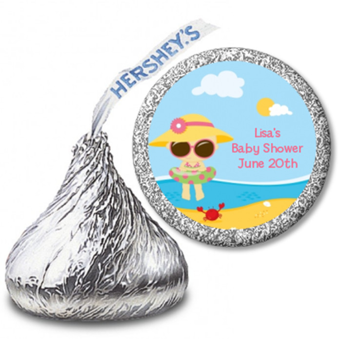 Beach Baby Girl Caucasian - Personalized Hershey Kiss Baby Shower Sticker Labels