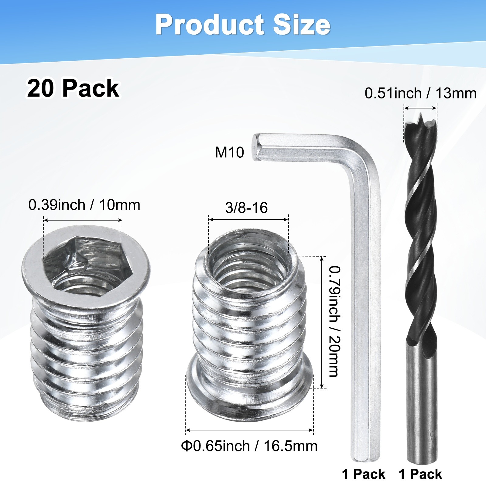 20-Pack Threaded Inserts, 3/8-16x20mm Nuts with A Wrench and Drill Bit [Silver]