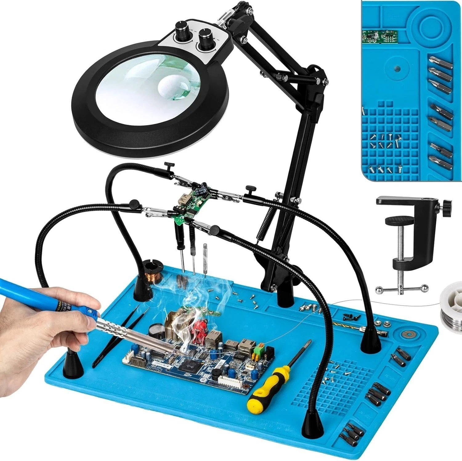 Pro Helping Hands Soldering Mat 30X Magnifier Stepless Dimming
