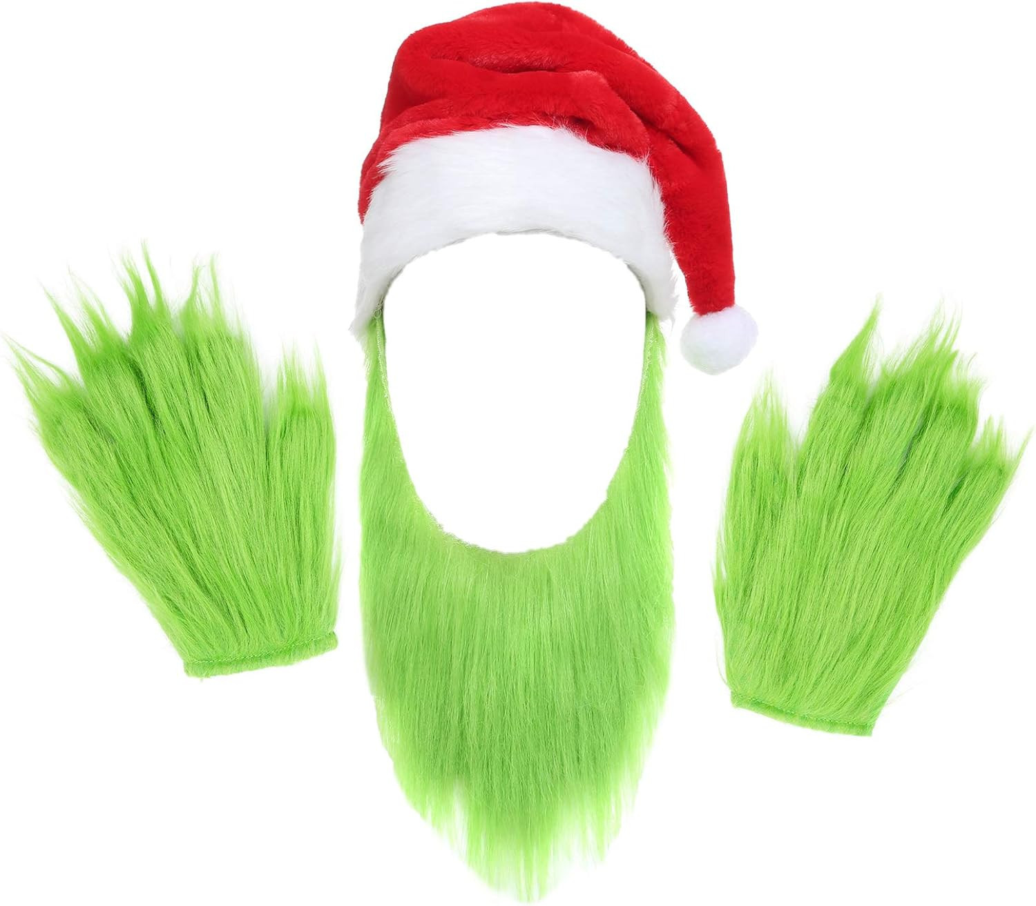 Mens Green Beard Santa Hat with Furry Gloves for Adult Christmas Cosplay Cost...
