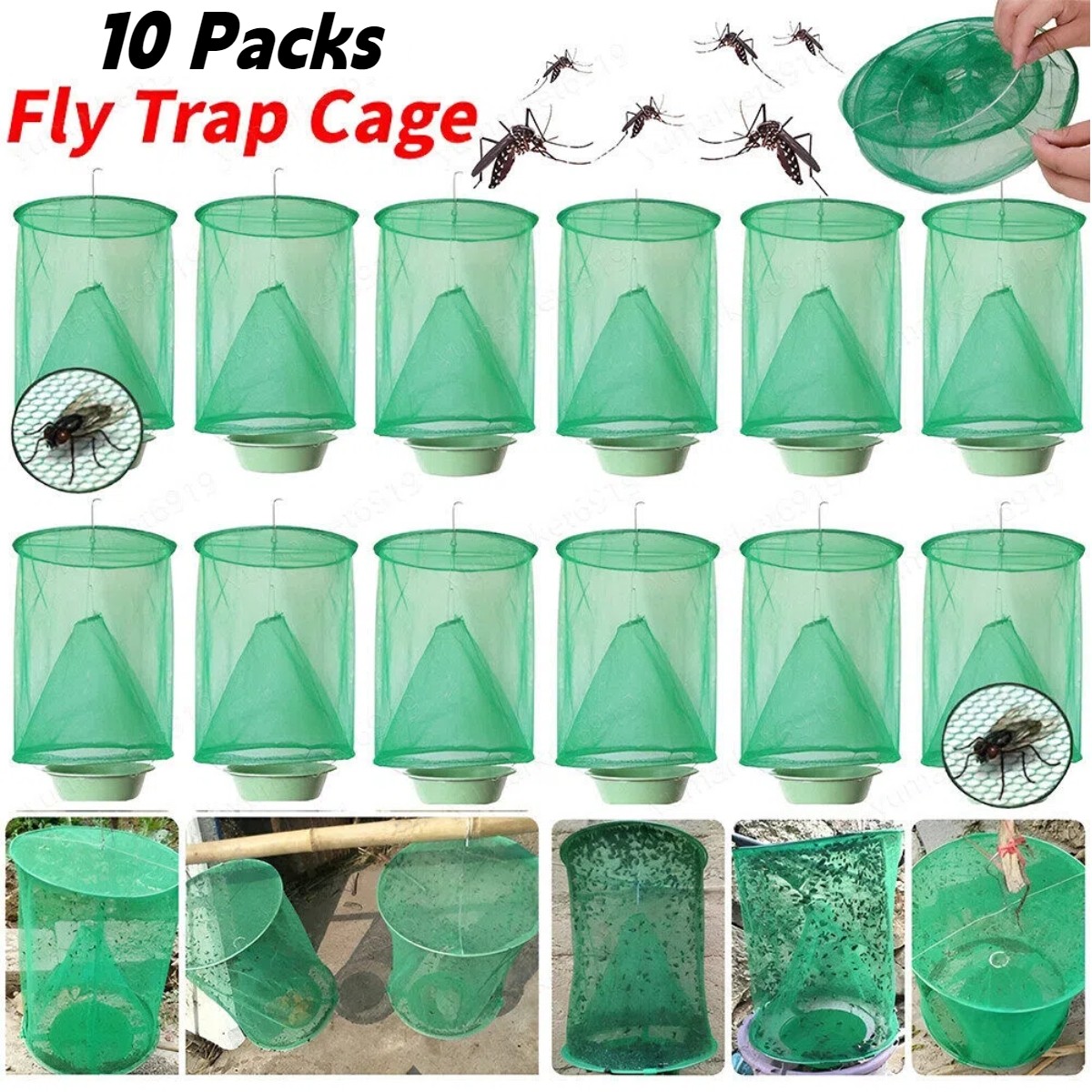 10 Pack Reusable Fly Trap Insect Killer Net Cage Trap Ranch Pest Hanging Catcher
