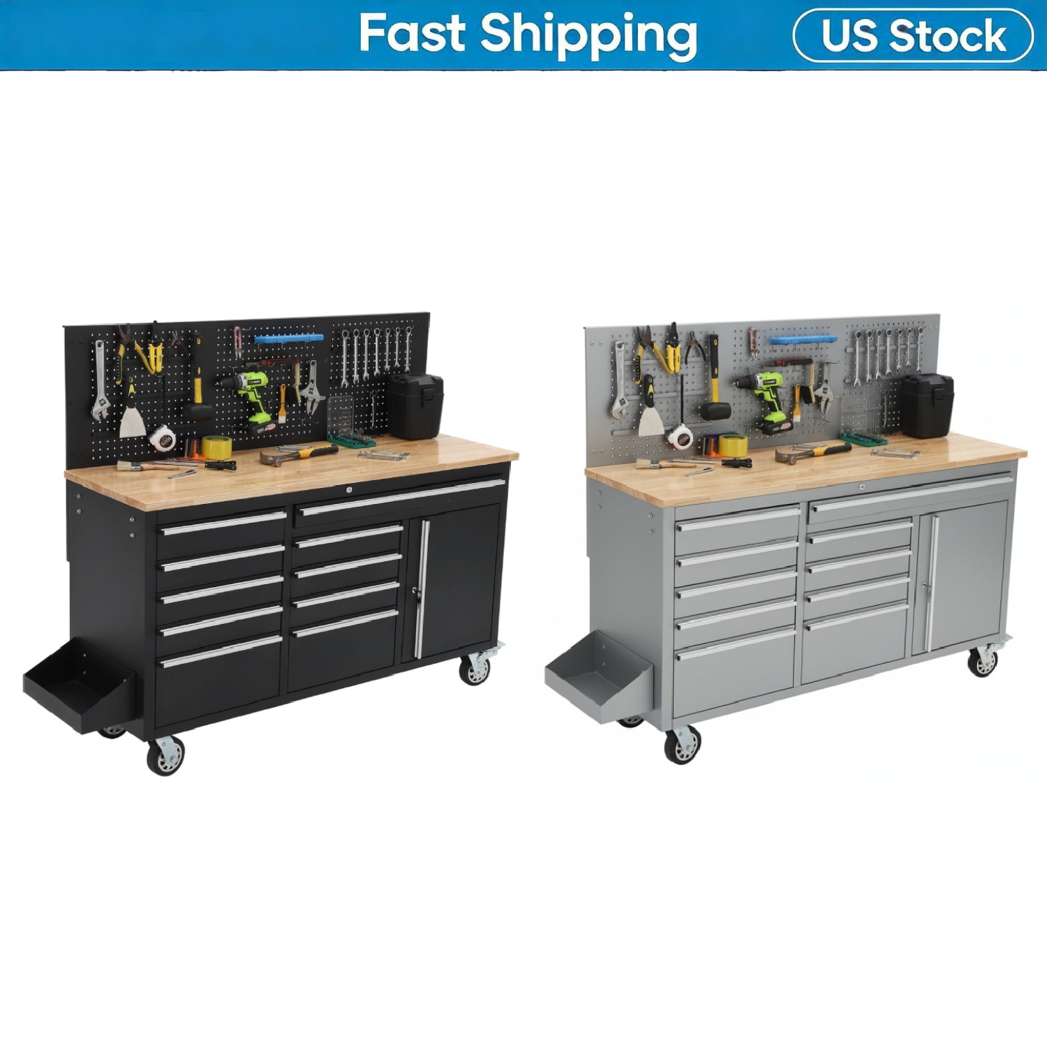 Rolling Tool Chest 61", 10 Drawers, Power Outlet, Solid Rubber Wood Top