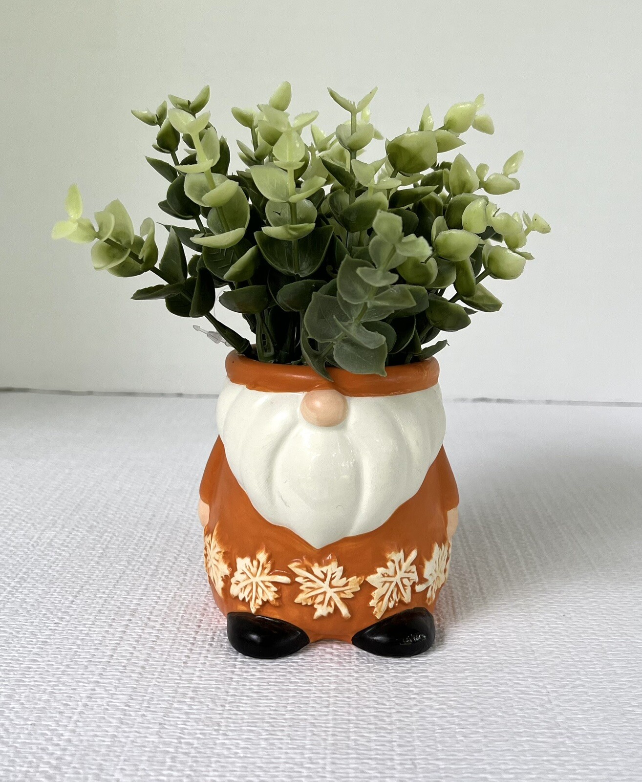 Fall Autumn Gnome Planter Orange Faux Succulent, Leaves Along Bottom New No Tags