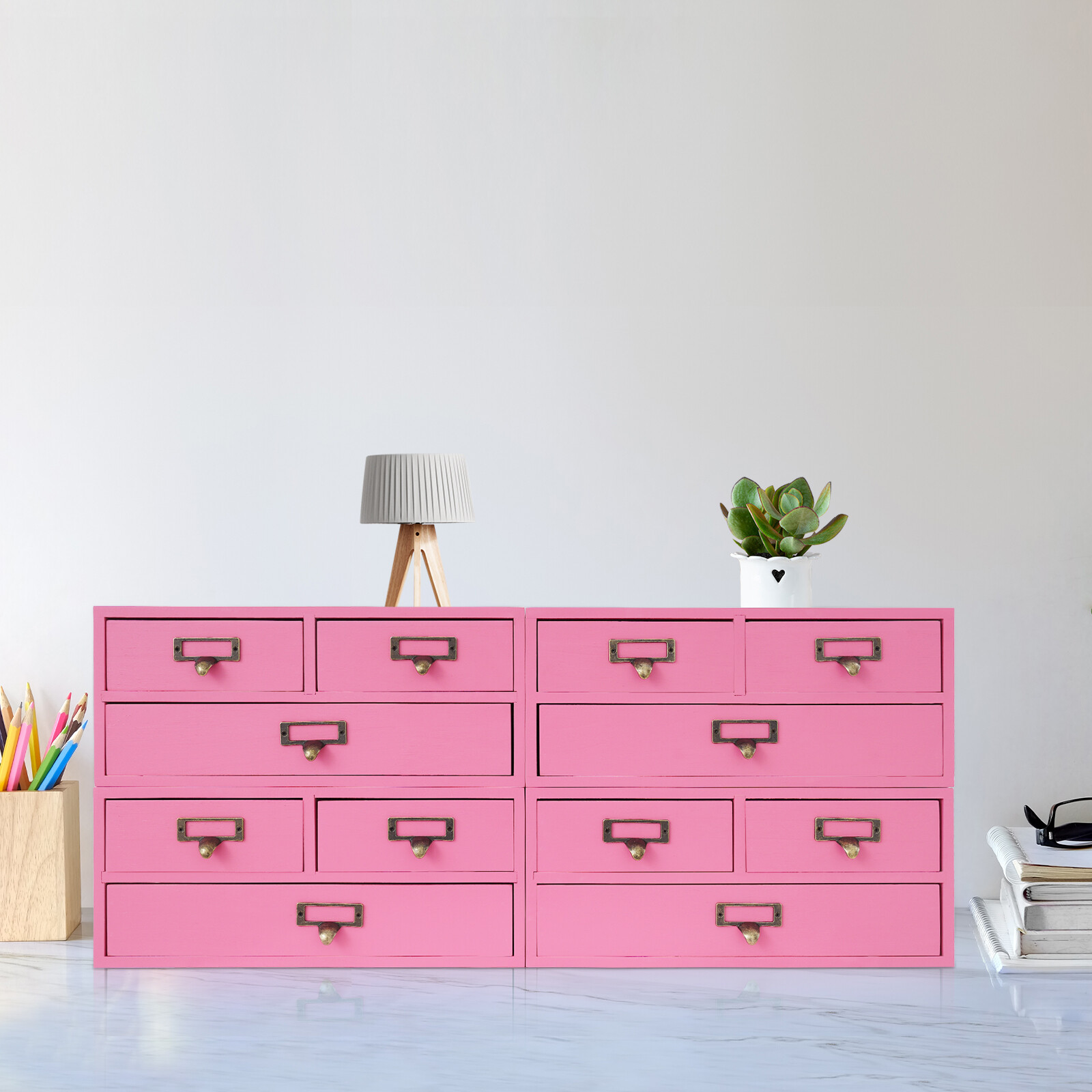 4 Pack 3 Drawer Wooden Desktop Organizer Drawer Storage Box For Tabletop- Pink