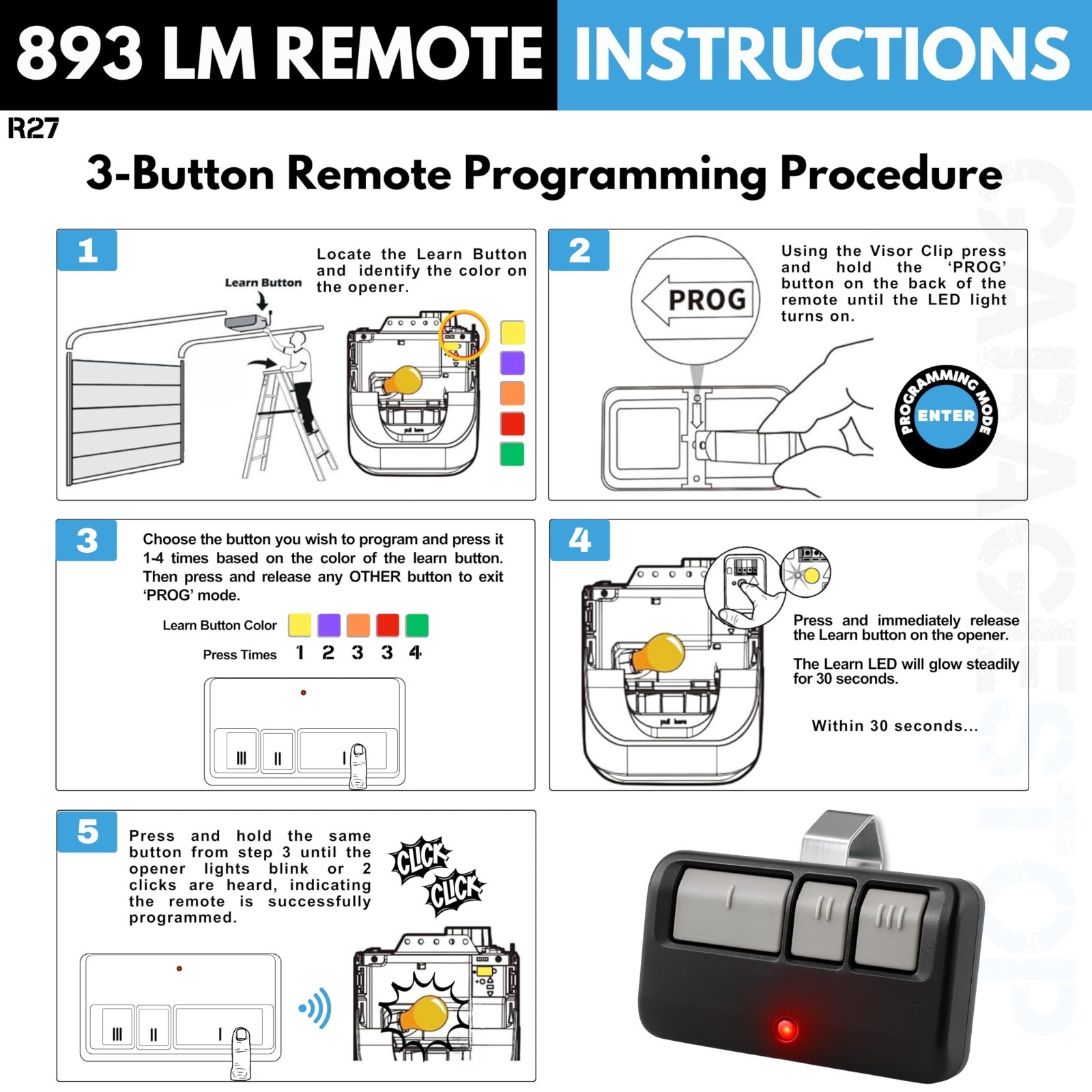 Universal Garage Door Opener Remote Replacement - 2X, 5 Learn Buttons, Compatibl