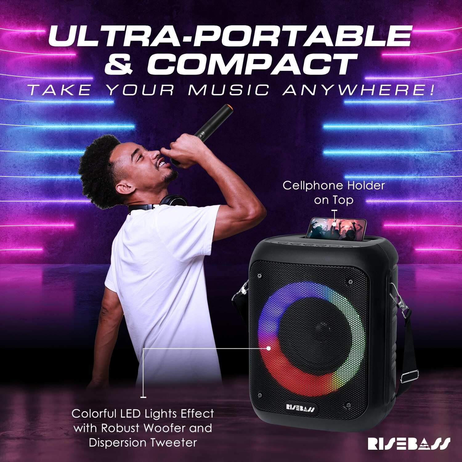 Risebass Portable Karaoke Machine with 2 Wireless Microphones Bluetooth Record