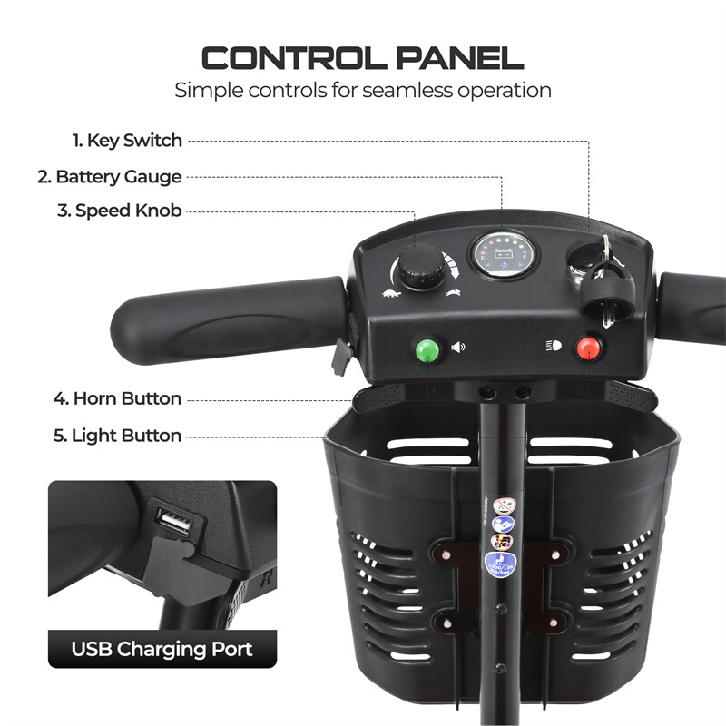 4 Wheels Foldable Mobility Scooter 20 Miles 330bs Capacity 5 MPH w/ LED Light