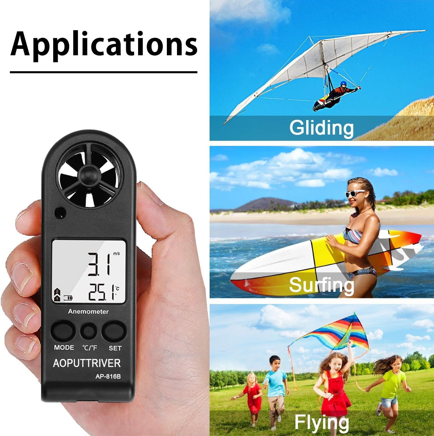 Handheld Wind Speed Meter Anemometer Thermometer for Outdoor Activities