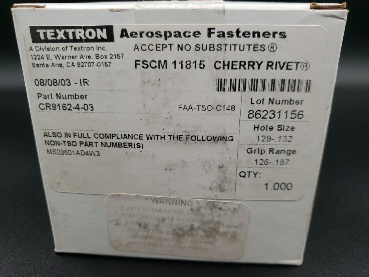 Cherry Rivet Textron Aerospace Fasteners 1000pc