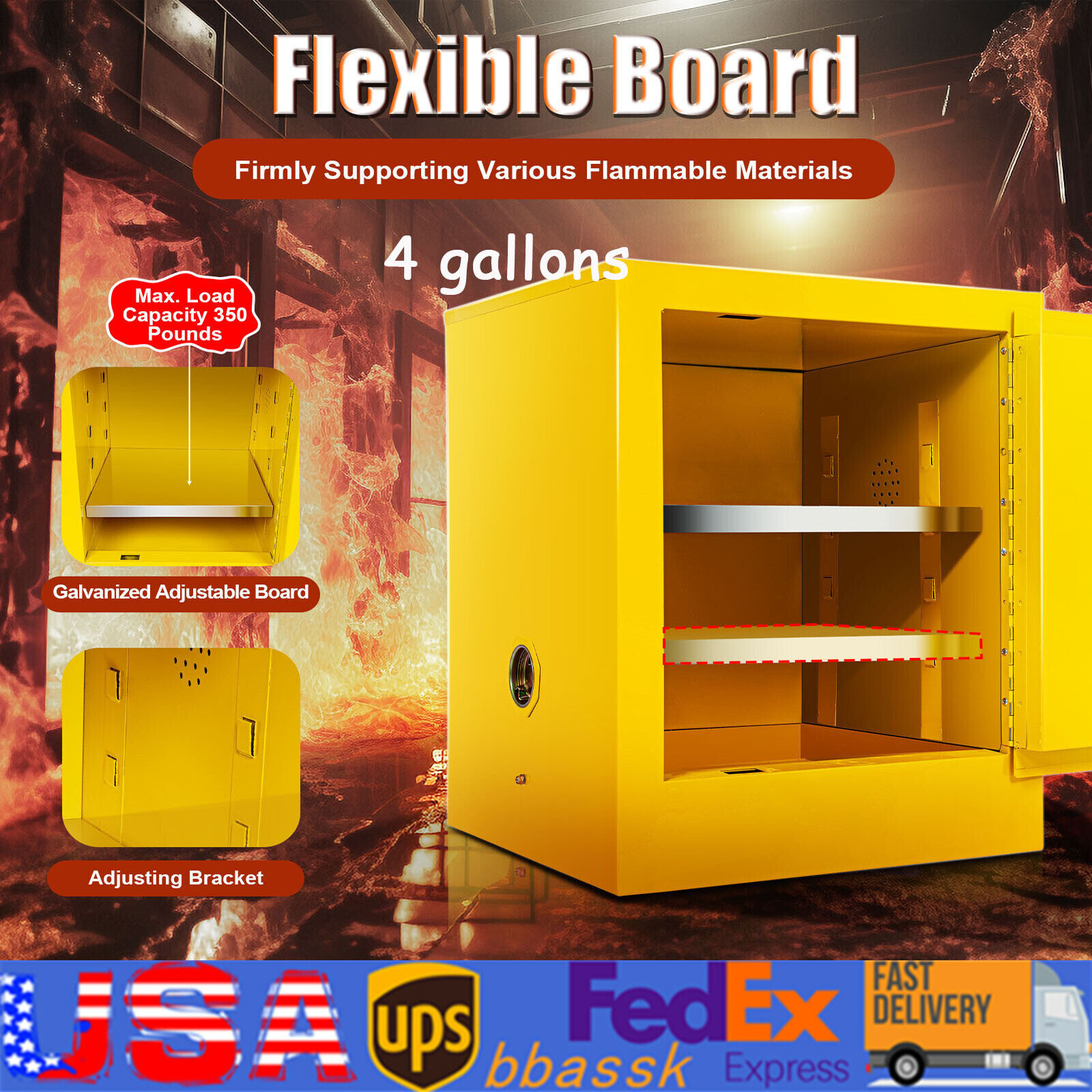 Industrial Flammable Liquid Yellow Safety Storage Cabinet 4 Gallon Manual Tool
