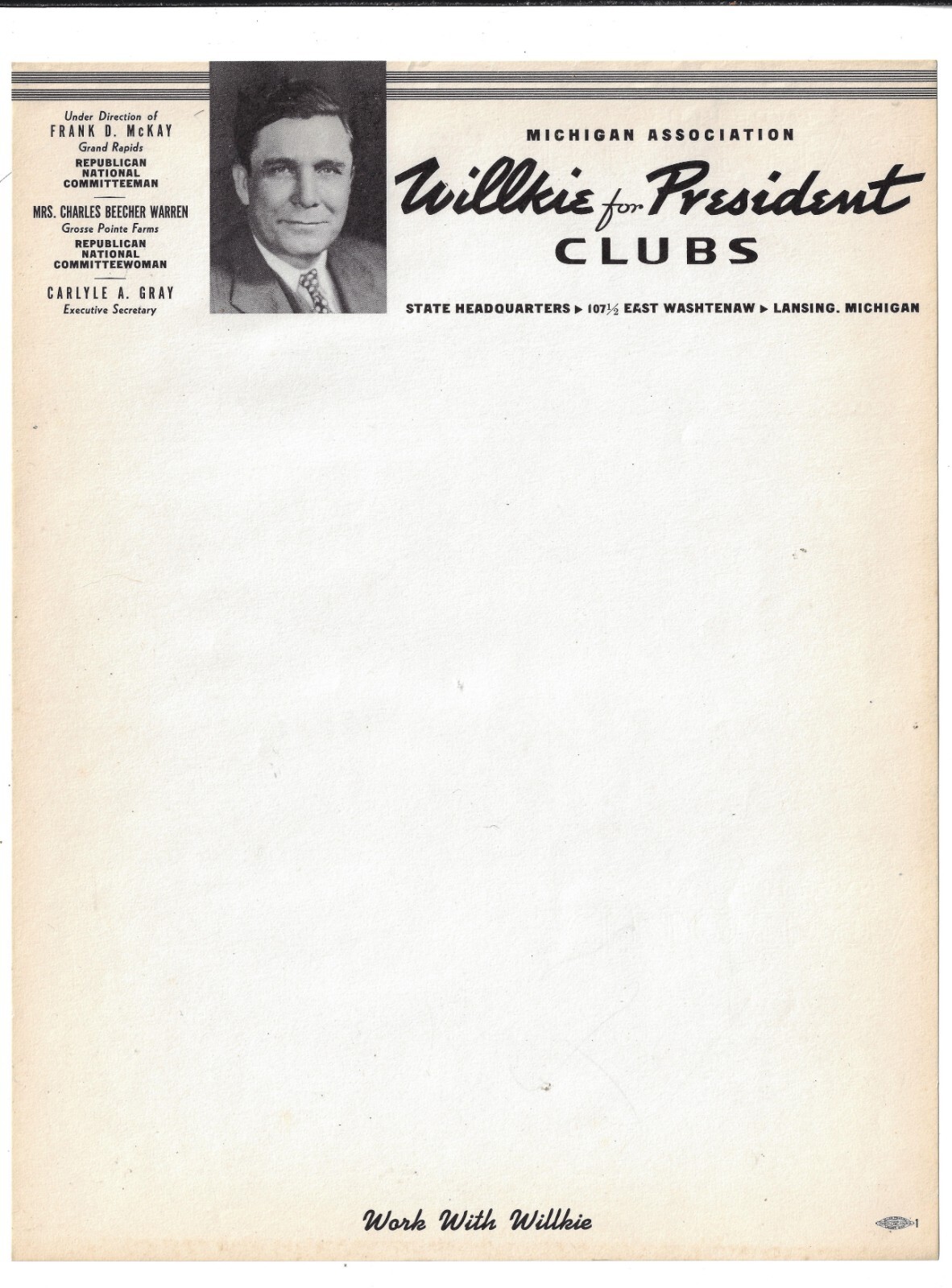 1940 Wendel Willkie Presidential Campaign Stationery Letterhead From Michigan