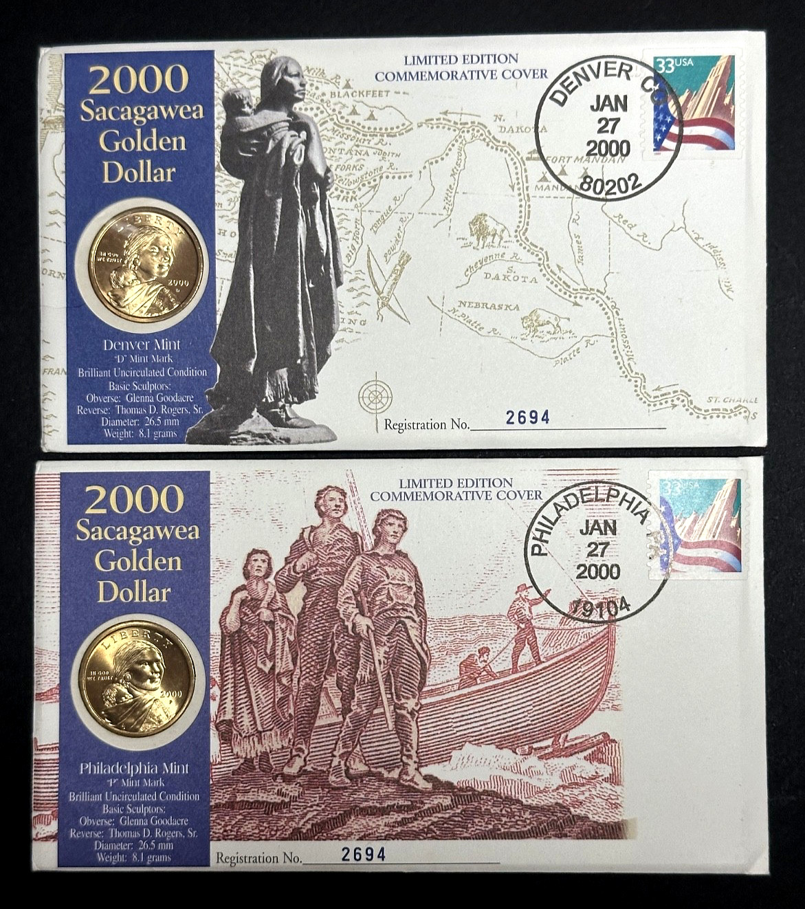2000 Sacagawea Golden Dollar P&D Post Marked Jan 27, 2000 Millennium Y2K Unc