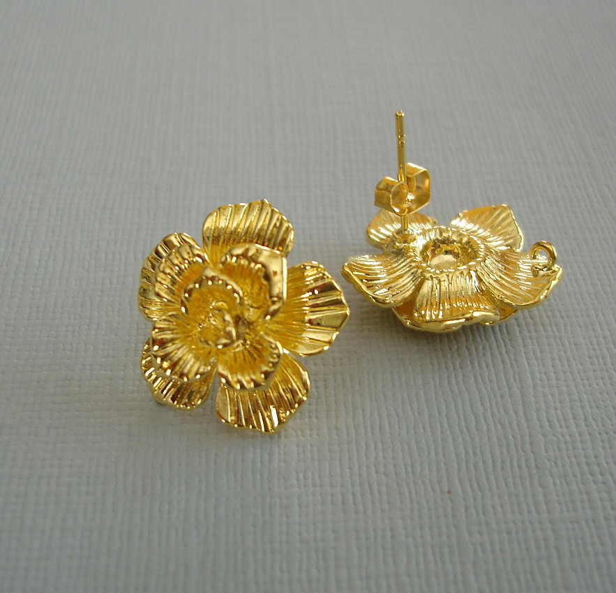 2pairs/4pcs- Gold Plated Brass Camellia Earrings Findings Ear Post Earstud.