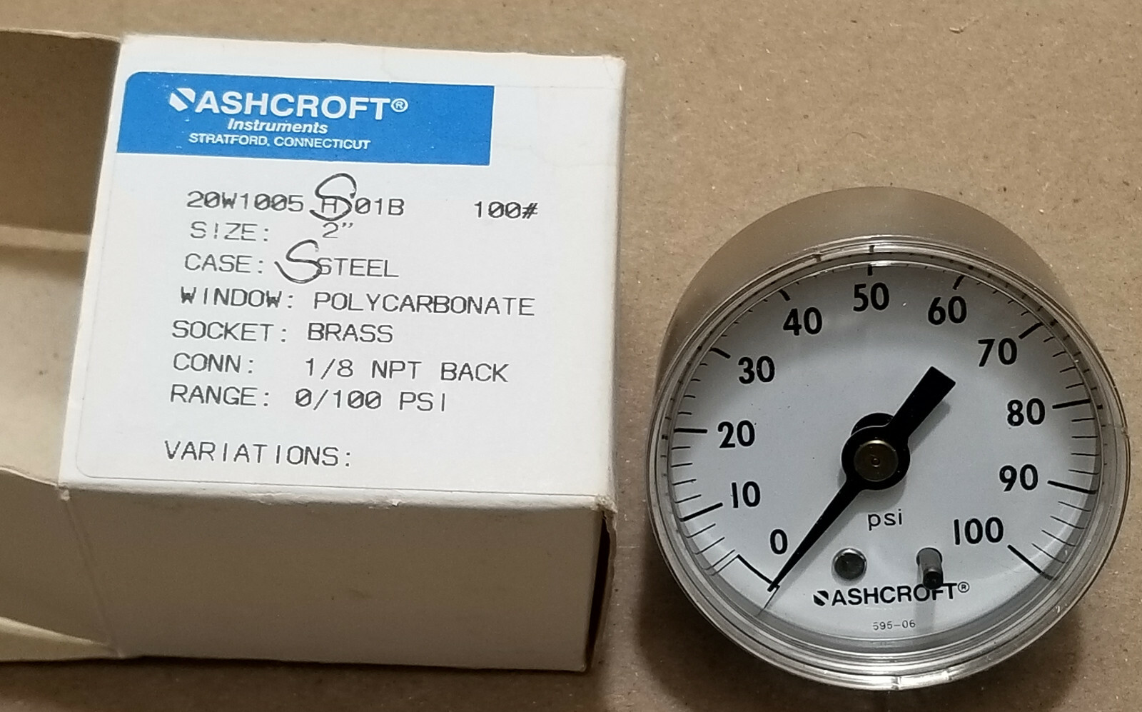 BRAND NEW Ashcroft 20W1005SH01B100# 1/8 NPT Gauge 0-100 psi Pressure 131402