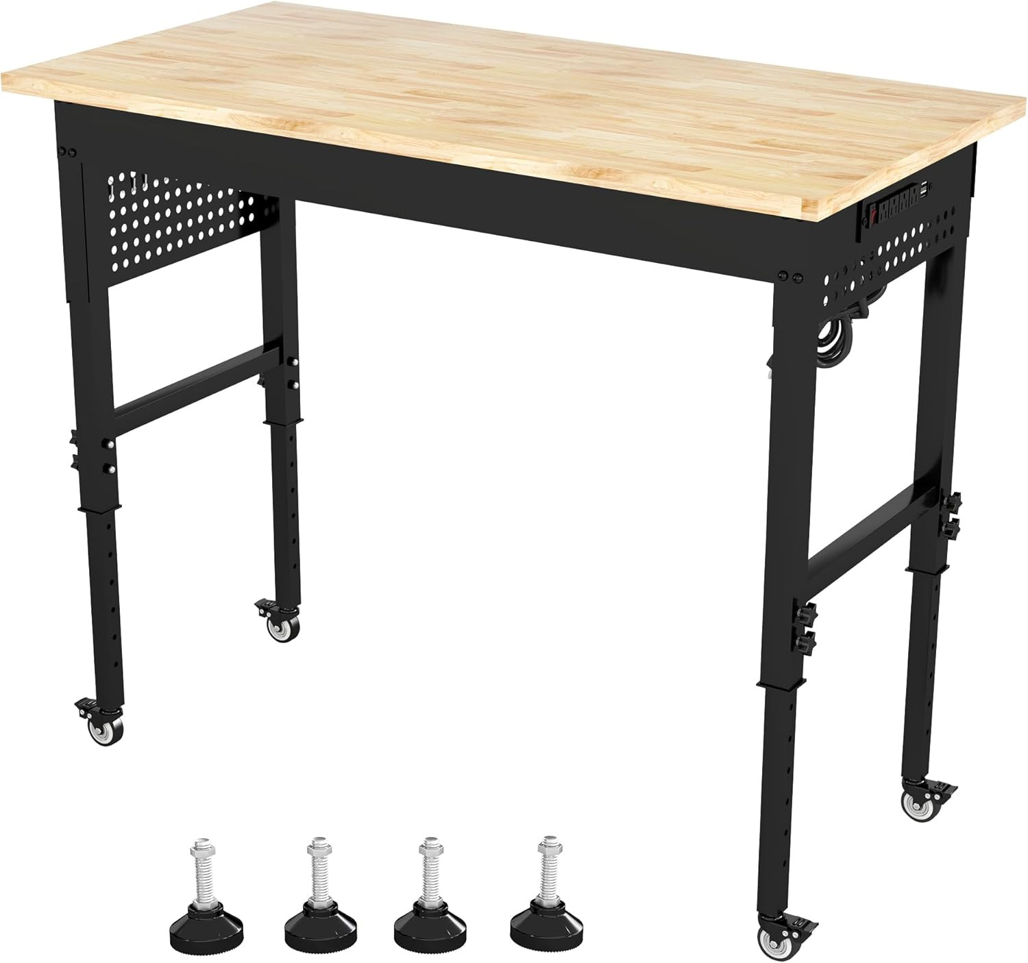 HARDURA 48" Adjustable Wooden Workbench with Wheels, Built-In Power Outlets, 132