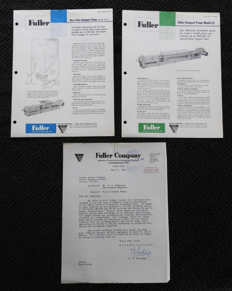 1962 Fuller Company Kinyon Pumps Sales Literature Signed Letter Catasauqua PA