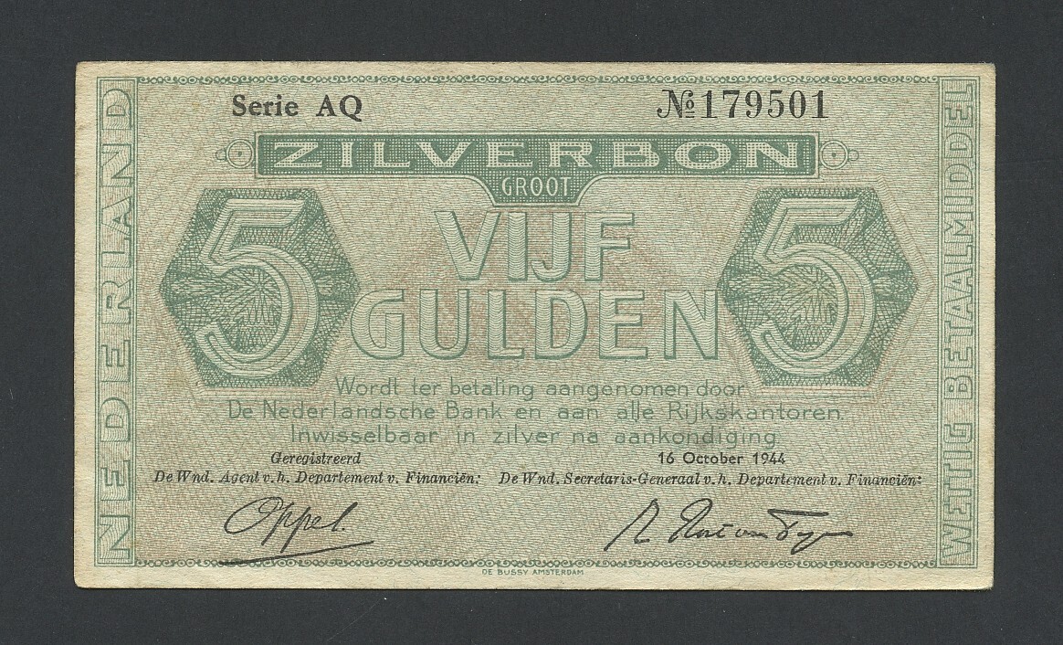 NETHERLANDS 5 gulden 1944 Zilverbon Krause 63 World Paper Money