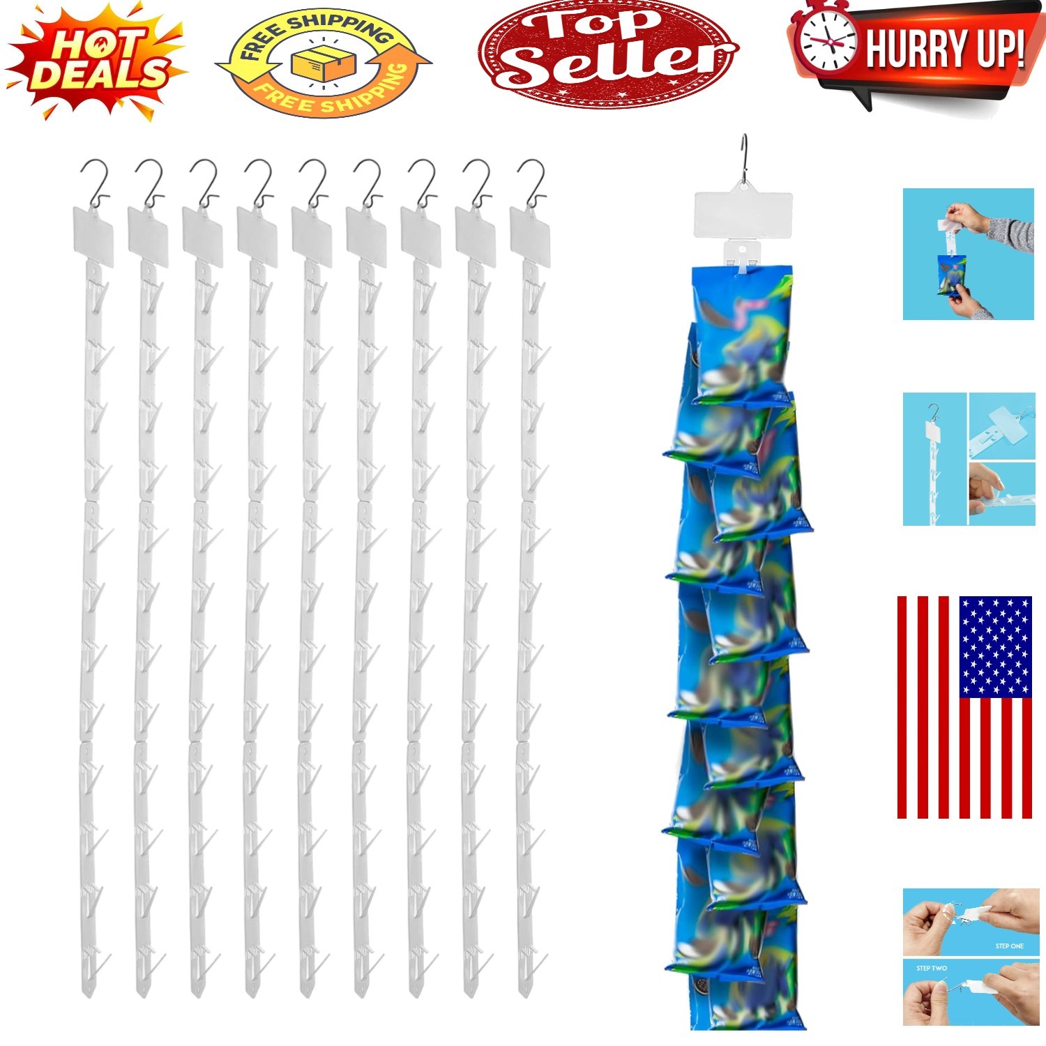 White Retail Hanging Strips with 10 Secure Hooks - Perfect for Displays
