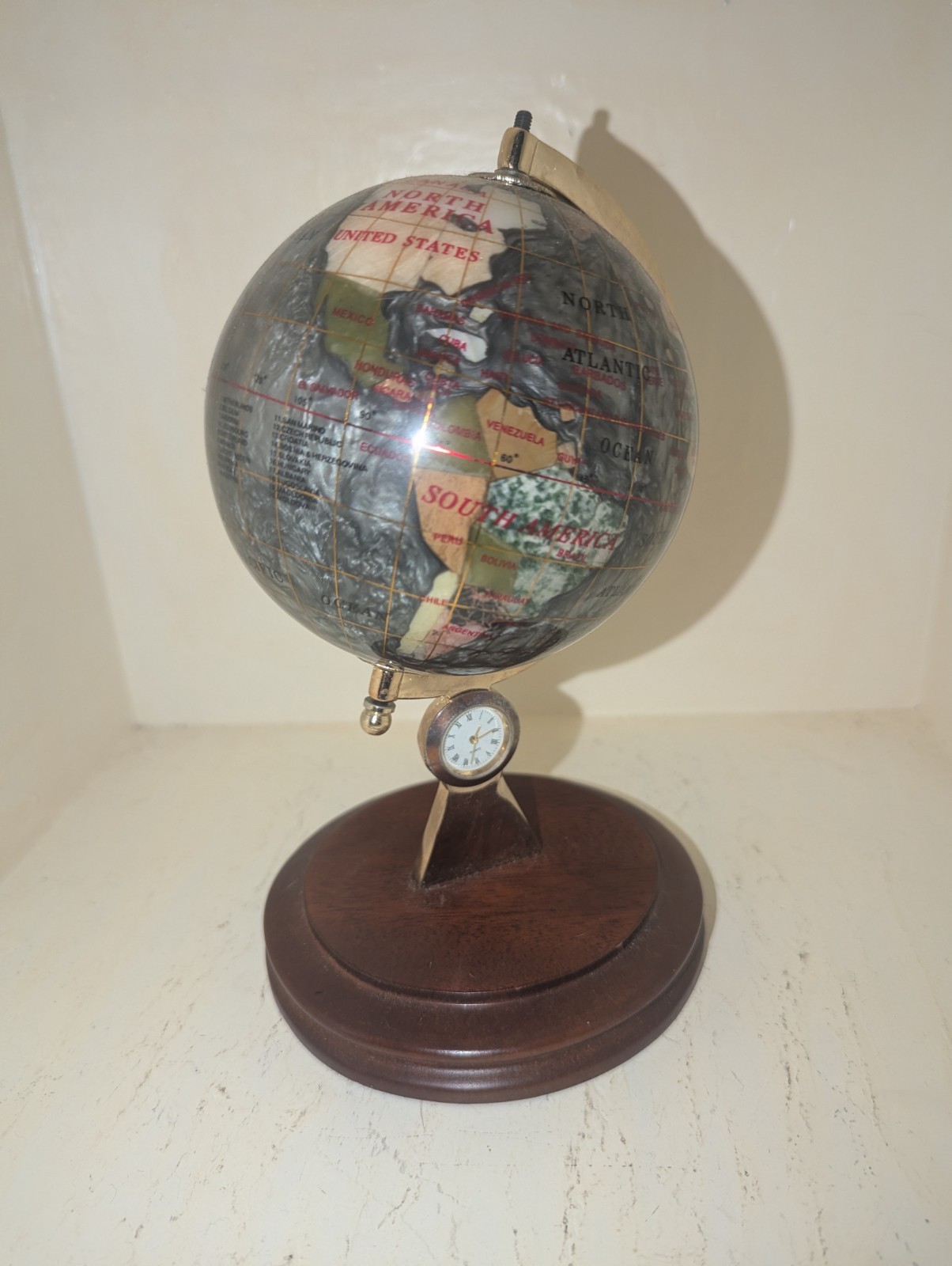 Rotational Mother of Pearl Gemstone Desktop Globe w/ Clock and Wooden Base
