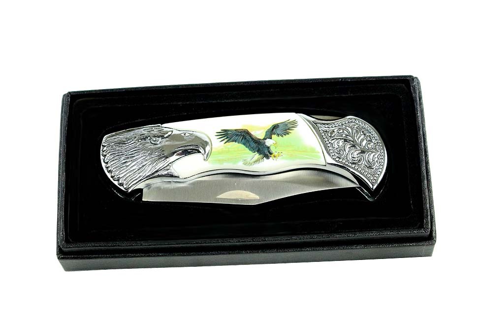 7.25" Fantasy Collectible Eagle / Wolf Printed + Engraved Handle Folding Knife