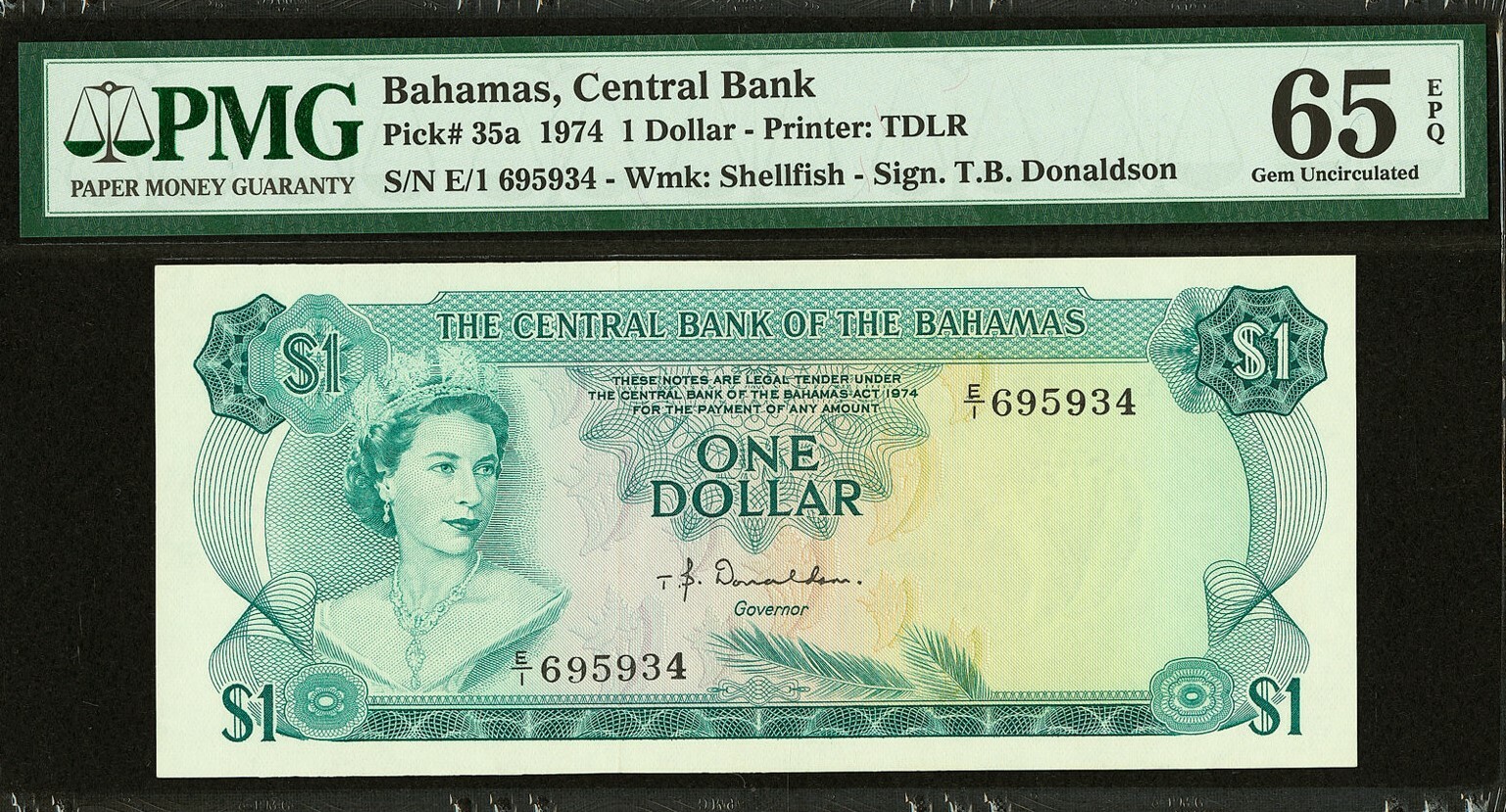 Bahamas One Dollar 1974 QEII Pick-35a GEM UNC PMG 65 EPQ