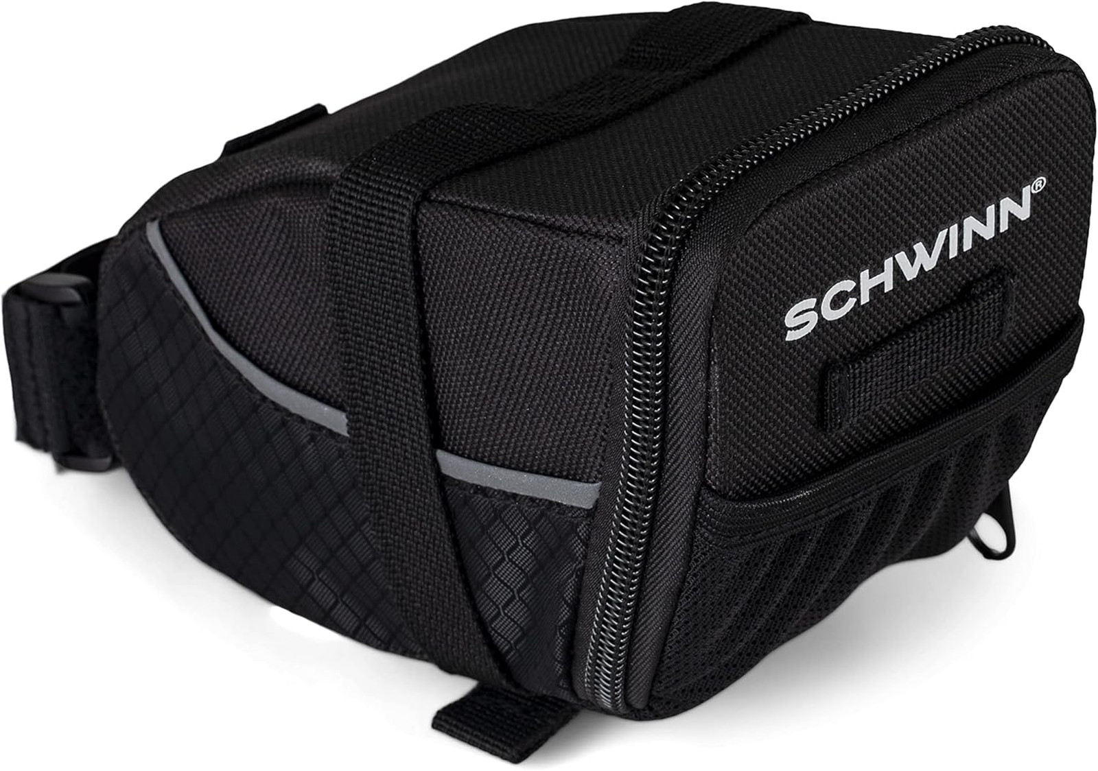 Bike Seat Pack Black Wide Opening Zipper Reflective Piping Fits Most Adult Bikes