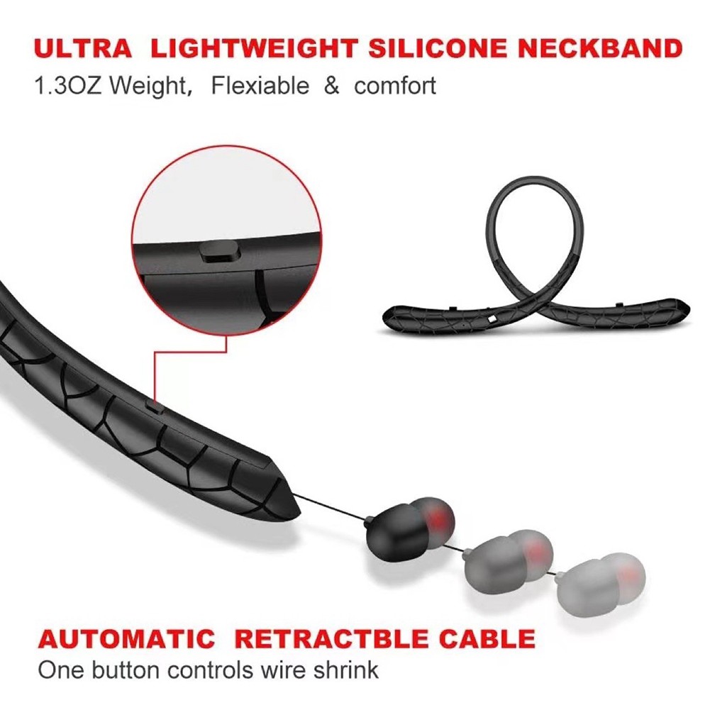 Sweatproof Neckband Headset Wireless Bluetooth Retractable Headphones Earbuds