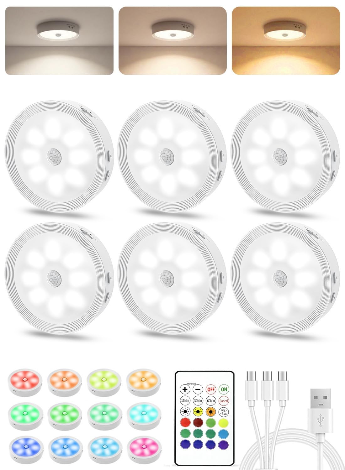 LED Puck Lights 6 Pack Rechargeable Motion Sensor Dimmable 3 Color Temps RGB