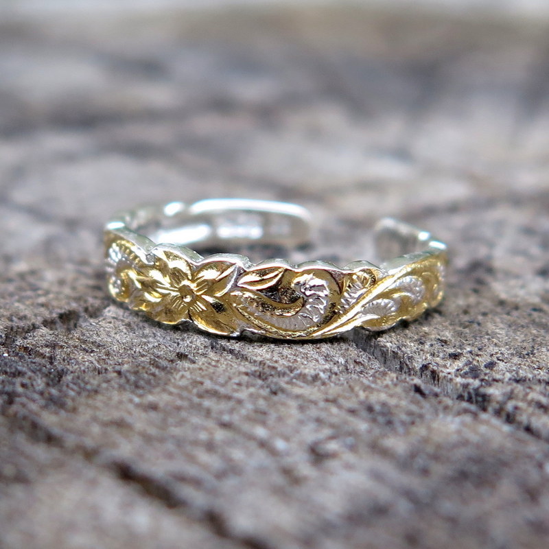 Sterling Silver Gold Plate Hawaiian Heirloom Scroll Cut Out Edge Band Toe Ring