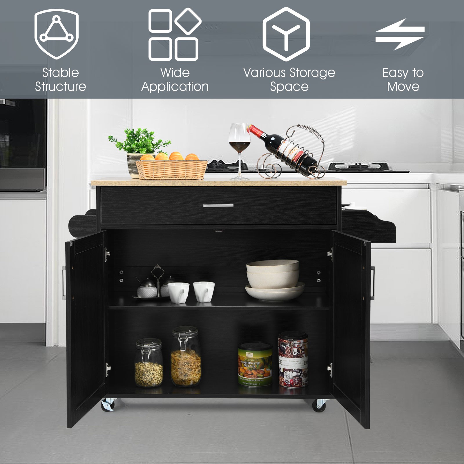 Costway Rolling Kitchen Island Cart Storage Cabinet w/ Towel & Spice Rack Black