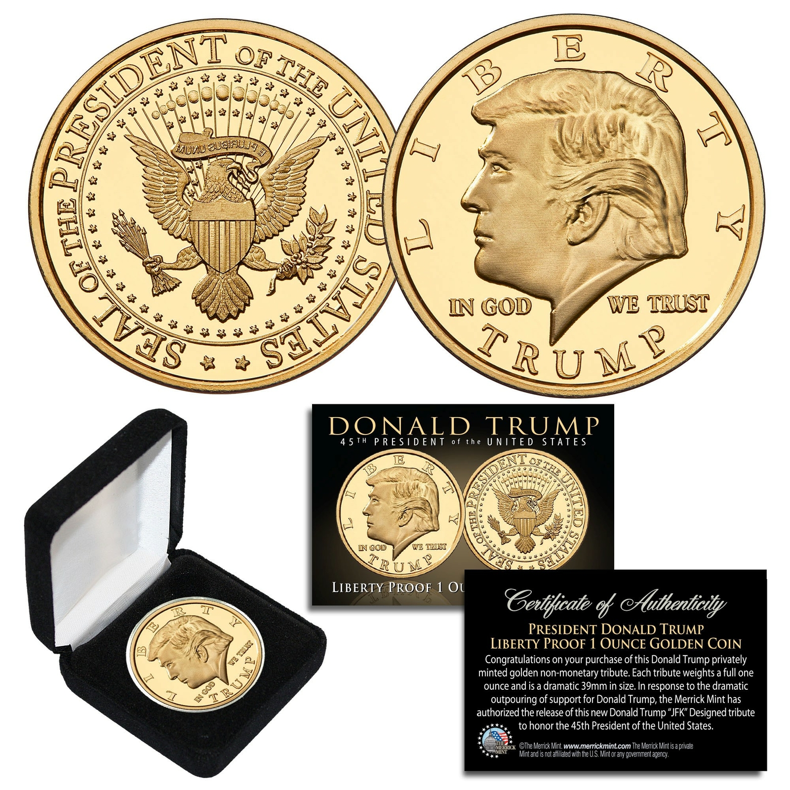 Donald Trump 45th President Liberty PROOF Golden Medallion 39mm Coin 1 OZ w/ BOX