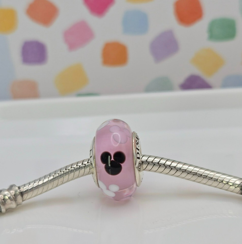 Authentic Pandora Disney Mickey Mouse Parks Pink Icon Murano glass Silver Charm